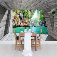 Флизелиновые фотообои в зал 3д море серая комната 368x254 см Вид на скалистый остров (3141V8)+клей