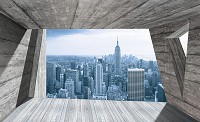 Флизелиновые фотообои город в интерьере фото серая комната 254x184 см 3Д вид на небоскребы Нью-Йорка (3142V4)+клей - вид 1 миниатюра
