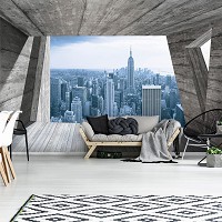 Флизелиновые фотообои город в интерьере фото серая комната 254x184 см 3Д вид на небоскребы Нью-Йорка (3142V4)+клей - вид 6 миниатюра