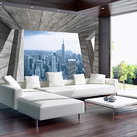 Флизелиновые фотообои город в интерьере фото серая комната 254x184 см 3Д вид на небоскребы Нью-Йорка (3142V4)+клей