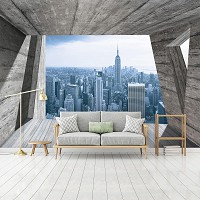 Город флизелиновые фотообои серая комната 368x254 см 3Д вид на небоскребы Нью-Йорка (3142V8)+клей