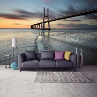 Флізелінові 3д фотошпалери море фото 416x254 см Міст Васко да Гама на заході сонця (3143VEXXXL)+клей