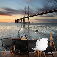 Флизелиновые 3д фотообои морские 368x280 см Мост Васко да Гама на закате (3143V10)+клей