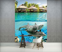 3д флизелиновые фотообои Бунгало Море Коралловые рыбки 206x275 см Дельфины на Гавайях (3193VEA)+клей