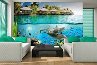 Флизелиновые фото обои океан 3д Бунгало Море Коралловые рыбки 312 x 219 см Дельфины на Гавайях (3193VEXXL)+клей