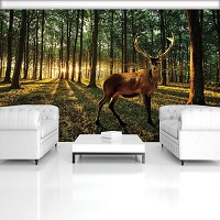 Флизелиновые 3д фотообои с животными в интерьере 254x184 см Олень в солнечном лесу (3194V4)+клей