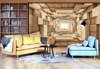 Флізелінові 3д фото шпалери на стіну куби 312x219 см коричневий дерев'яний тунель (3247VEXXL)+клей