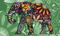 Флизелиновые фотообои для спальни 254x184 см Цветной слон на зеленом узорчатом фоне (3262V4)+клей