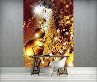 Абстрактные флизелиновые фотообои на стену 184x254 см 3D-пазл-туннель с золотыми сферами (3272V4A)+клей