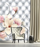 Абстрактные флизелиновые фотообои 206x275 см Цветы магнолии и серый стеганый узор (3273VEA)+клей