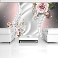 Флизелиновые фотообои в спальню над кроватью 312x219 см Цветы розы и волнистый узор (3282VEXXL)+клей