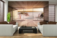 Флизелиновые фото обои лето природа 416x254 см 3Д Вид из окна террасы на песчаный пляж (3290VEXXXL)+клей