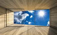 Популярные флизелиновые 3д фотообои 312x219 см Вид из окна террасы на солнечное небо (3292VEXXL)+клей