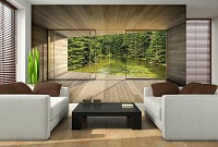 Флизелиновые 3д фотообои природа 368x254 см Вид из окна террасы на реку в хвойном лесу (3293V8)+клей