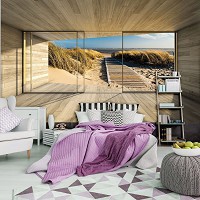 Флизелиновые 3д фотообои в спальню природа 312x219 см Вид из окна террасы на пляж с деревянной дорожкой+клей