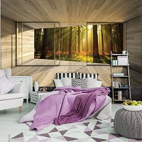 Флизелиновые 3д фотообои природа пейзаж 254x184 см Вид из окна террасы на рассвет в лесу (3300V4)+клей