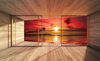 Готовые флизелиновые 3д фотообои 312x219 см Вид из окна террасы на красный пляж (3301VEXXL)+клей