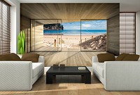 Флизелиновые фото обои 3д деревянные доски 368х254 см Вид из окна террасы на солнечный пляж (3308V8)+клей