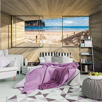 Флизелиновые фото обои 3д деревянные доски 312x219 см Вид из окна террасы на солнечный пляж (3308VEXXL)+клей