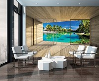 Природа флизелиновые фотообои море 3д деревянные доски 368x254 см Вид из окна террасы на Гавайи (3311V8)+клей