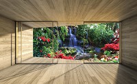 Флізелінові фотошпалери на стіні водоспад 3д дерев'яні дошки 416x254 см Барвистий вид на терасу у джунглях (3313VEXXXL)+клей - вид 1 мініатюра