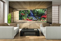 Флизелиновые фотообои водопад 3д деревянные доски 368x254 см Красочный вид на террасу в джунглях (3313V8)+клей