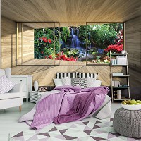 Природа флизелиновые фотообои водопад 3д доски 312x219 см Красочный вид на террасу в джунглях (3313VEXXL)+клей