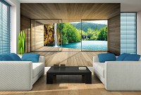 Флизелиновые фотообои природа 3д деревянные доски 416x254 см Вид из окна террасы на горный водопад 3314VEXXXL+клей