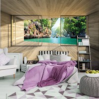 Флизелиновые фотообои на кухню 3д деревянные доски 254x184 см Вид из окна террасы на скалы и море (3315V4)+клей