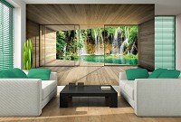 Флизелиновые фотообои 3д деревянные доски  368x254 см Вид из окна террасы на водопад в джунглях (3316V8)+клей