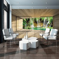 Флизелиновые фотообои на всю стену 3д доски 312x219 см Вид из окна террасы на водопад в джунглях (3316VEXXL)+клей