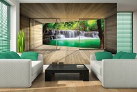 Природа флизелиновые фотообои 3д доски 416x254 см Вид из окна террасы на маленький водопад (3317VEXXXL)+клей