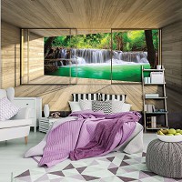 Флизелиновые фотообои 3д деревянные доски 254x184 см Вид из окна террасы на маленький водопад (3317V4)+клей