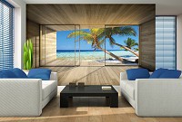3д флизелиновые фотообои море деревянные доски 368x254 см Вид из окна террасы на пляж с пальмами (3318V8)+клей
