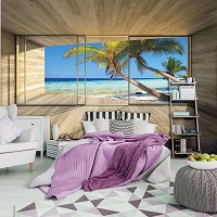 Морской пейзаж флизелиновые фотообои 3д доски 312x219 см Вид из окна террасы на пляж с пальмами (3318VEXXL)+клей