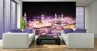 Флизелиновые 3д черные фотообои для зала город 368x254 см Ночная мечеть аль-Харам в розовых огнях (3333V8)+клей