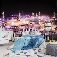 Флизелиновые 3д черные фотообои в зал город 312x219 см Ночная мечеть аль-Харам в розовых огнях (3333VEXXL)+клей