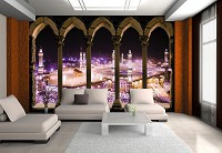 Флизелиновые 3д черные с розовым фотообои с городом в интерьере 368x254 см Мечеть аль-Харам за арками (3335V8)+клей