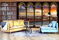 Готовые флизелиновые фотообои 3д закат солнца 254x184 см Город Стамбул за арками (3338V4)+клей