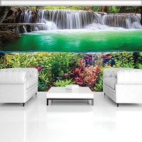 Флизелиновые фотообои 3д зеленый пейзаж 368x254 см Растения Рыбы и Водопад (3354V8)+клей