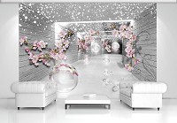 Цветы флизелиновые 3д фотообои 368x280 см Серые стены и ветки вишни (3360V10) +клей