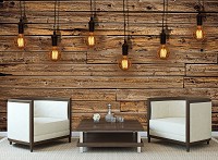 Текстура дерева флизелиновые фотообои коричневые в стиле лофт 416x254 см Лампочки на досках (3373VEXXXL)+клей