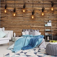 Флизелиновые фотообои дерево текстура коричневые в стиле лофт 312x219 см Лампочки на досках (3373VEXXL)+клей