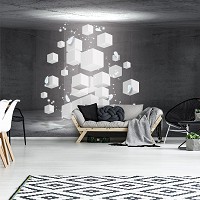 Флизелиновые фотообои 3 д серая бетонная комната 312x219 см Абстракция белые кубики в невесомости 3377VEXXL+клей