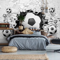 3д флизелиновые фотообои черно-белые детские для мальчика 368x254 см футбольные мячи в кирпичной стене 3383V8+клей