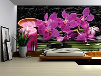 Красивые флизелиновые фотообои на кухню 3д 416x254 см СПА Розовые орхидеи и свечка на черном фоне (3399VEXXXL)+клей