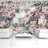 Красивые флизелиновые фотообои птицы 254x184 см Синицы среди розовых цветов на черно-белом фоне (3442V4)+клей