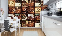 Флизелиновые коричневые фотообои для кухни с чашками 416x254 см Я люблю кофе коллаж (3459VEXXXL)+клей