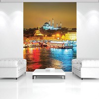 Популярные флизелиновые 3д фотообои 206x275 см Разноцветные огни города Стамбул ночью (3467VEA)+клей
