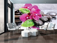 Флизелиновые 3д фотообои в спальню 368x280 см Цветы на камнях под дождем (3473V10) +клей